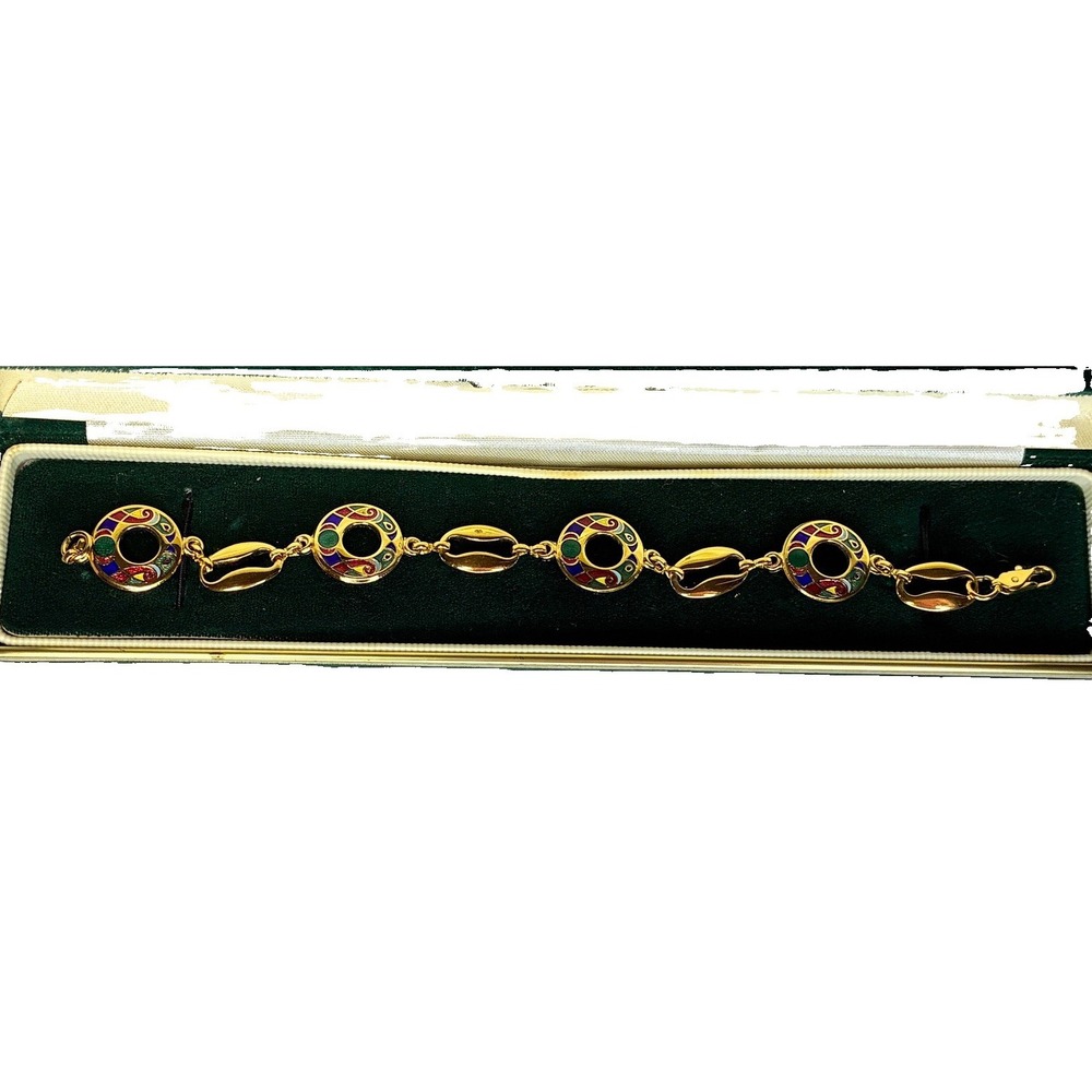 VTG Gold Tone Enamel Cloisonné Link Bracelet Multicolor Red Blue Green 8"